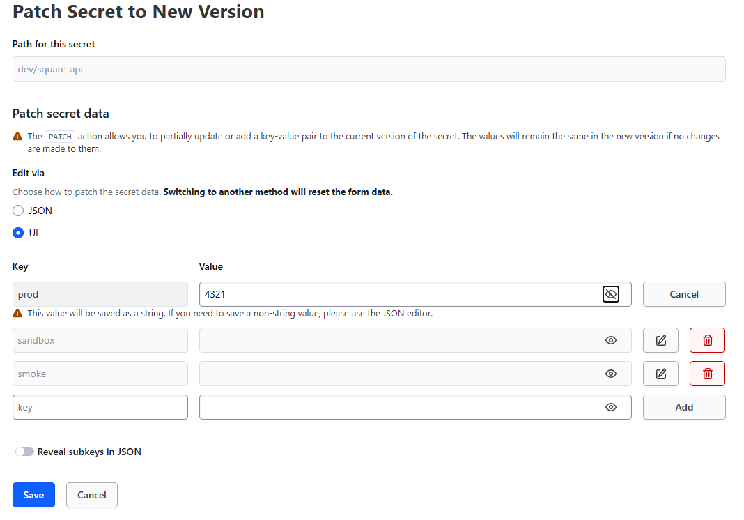 Partial screenshot of the Vault GUI showing two editable key/value pairs at the path dev/square-api